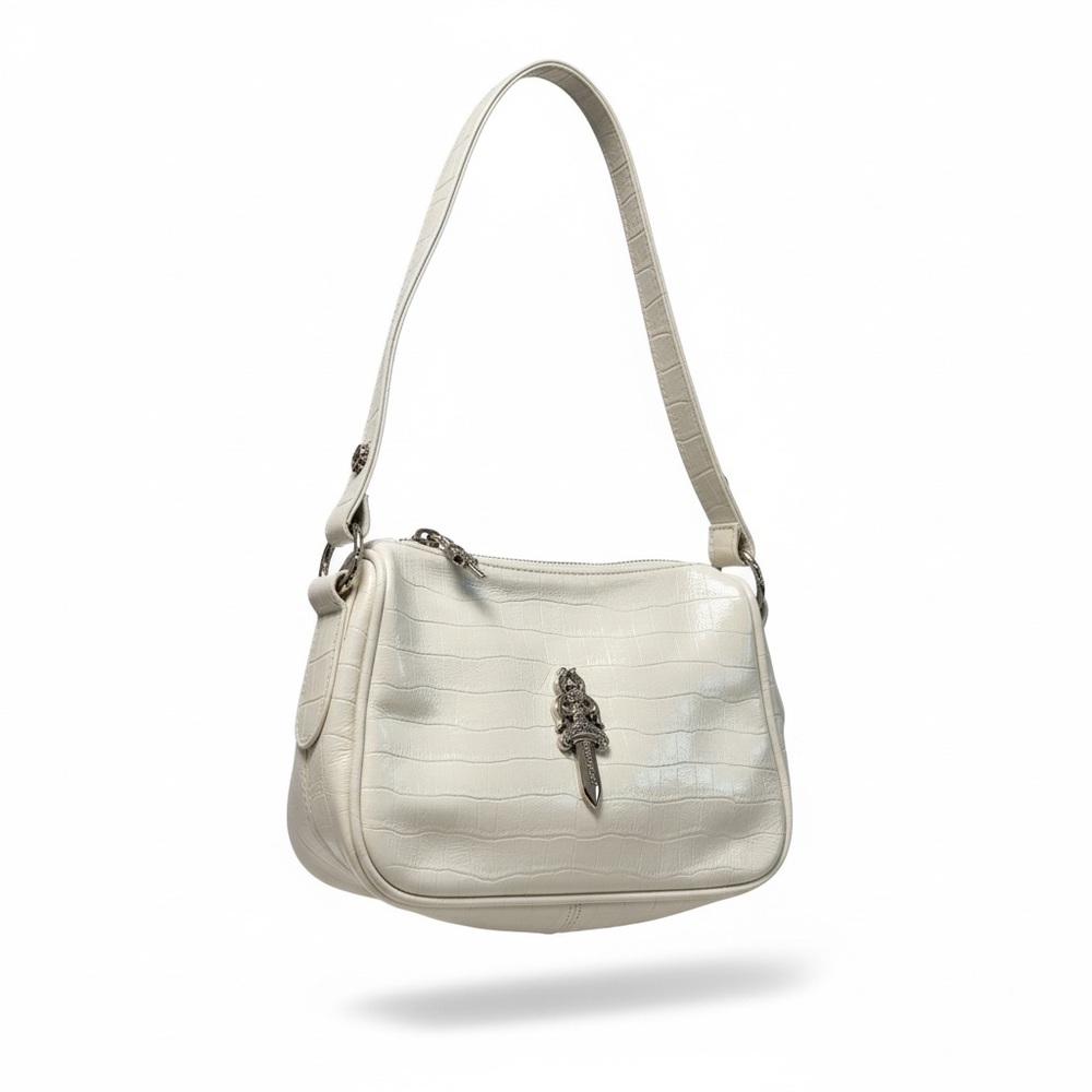 White Hobo Handbag with Silver Accent